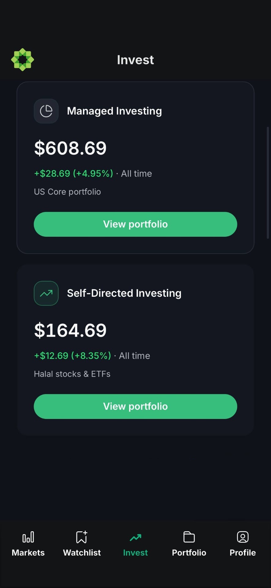 Musaffa Invest tab with managed and self-directed portfolios