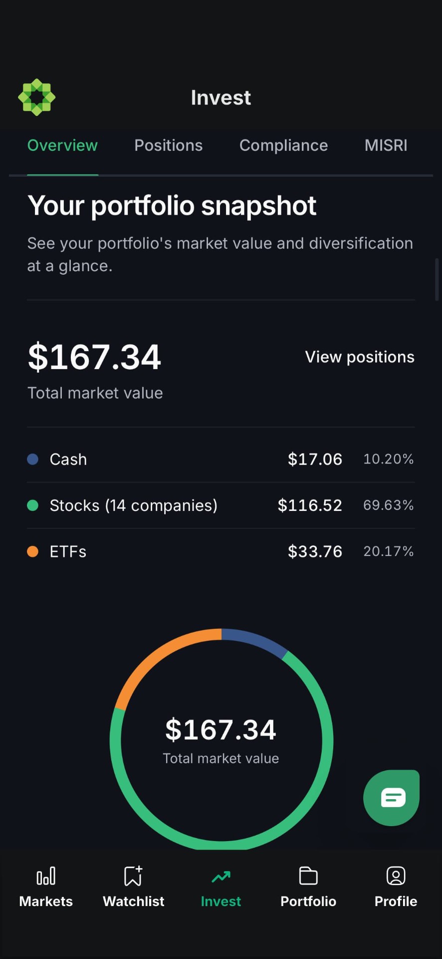 Musaffa Invest portfolio overview on a phone
