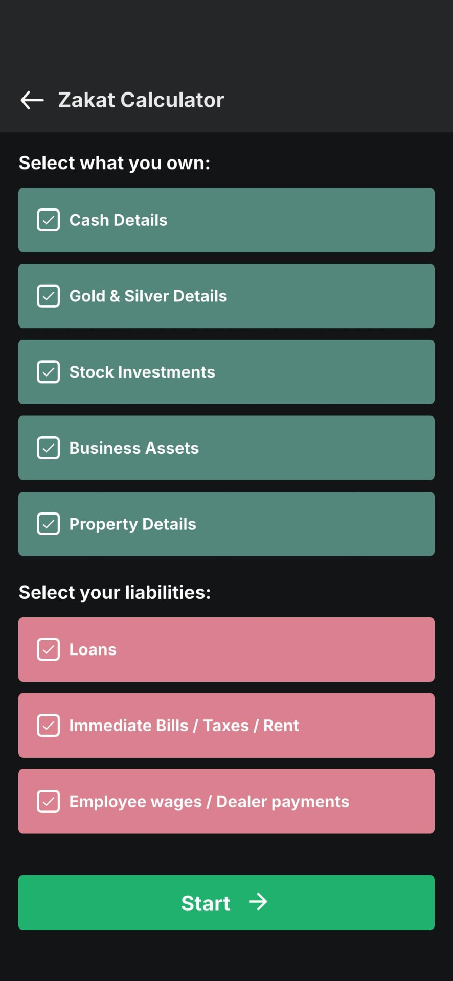 Zakat Calculator screen in Musaffa